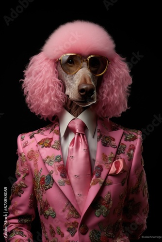 Dog, pink poodle, dressed in an elegant modern suit with a nice tie, wearing sunglasses. Fashion portrait of an anthropomorphic animal posing with a charismatic human attitude
