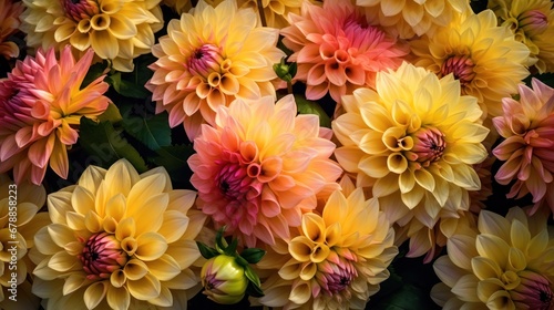 Colorful dahlia flowers as a background, top view. Springtime Concept. Mothers Day Concept with a Copy Space. Valentine's Day. © John Martin
