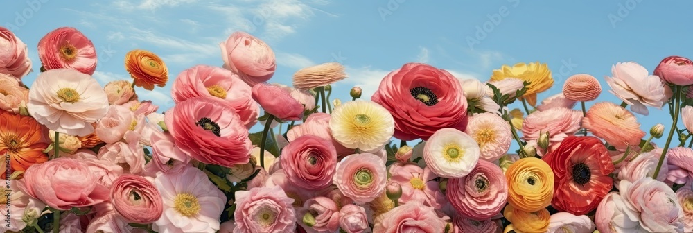 Fototapeta premium Pink white Ranunculus flowers bloom on blue sky background.