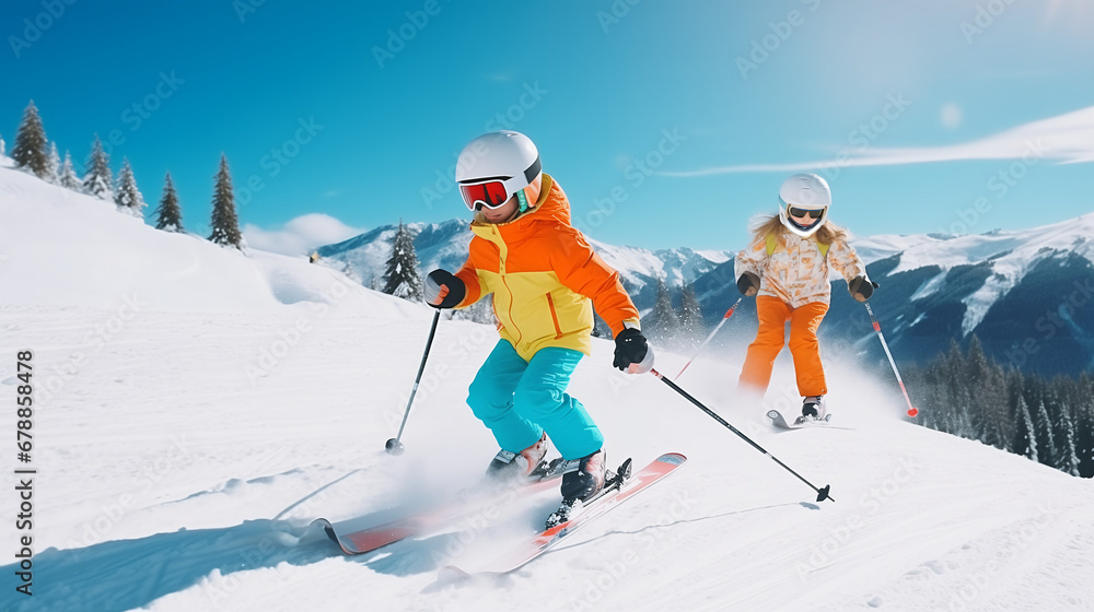 
Child skiing in the mountains. Kid in ski school. Winter sport for kids. Family Christmas vacation in the Alps. Children learn downhill skiing. Alpine ski lesson for boy and girl. Outdoor snow fun.