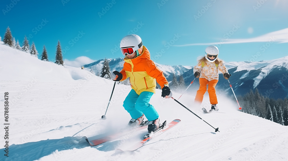 Fototapeta premium Child skiing in the mountains. Kid in ski school. Winter sport for kids. Family Christmas vacation in the Alps. Children learn downhill skiing. Alpine ski lesson for boy and girl. Outdoor snow fun.