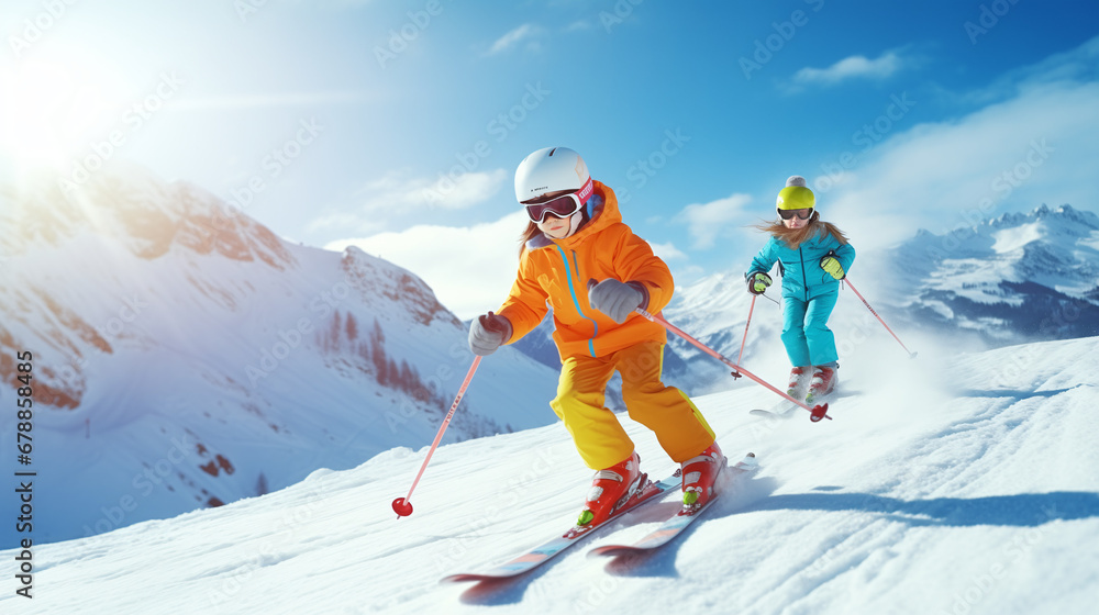 
Child skiing in the mountains. Kid in ski school. Winter sport for kids. Family Christmas vacation in the Alps. Children learn downhill skiing. Alpine ski lesson for boy and girl. Outdoor snow fun. - obrazy, fototapety, plakaty 