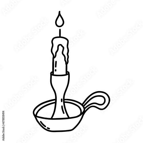 Burning candle in antique candlestick with handle. Black and white vector isolated illustration hand drawn doodle. Winter holiday season. Lighting element icon clip art