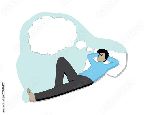 vector illustration of a cartoon of a man in a light blue shirt with black pants lying down relaxing on a pillow while thinking or fantasizing about something marked with a blank and plain white text 
