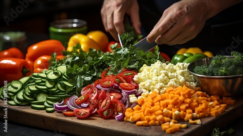 a chef's hands chopping vegetables for a stir-fry, photo