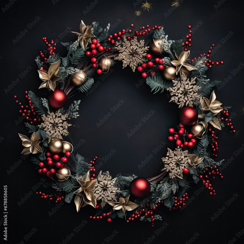 Natural Christmas wreath on a dark background. Christmas holidays. Generative AI. Natural Christmas wreath on a dark background. Christmas holidays. Generative AI.