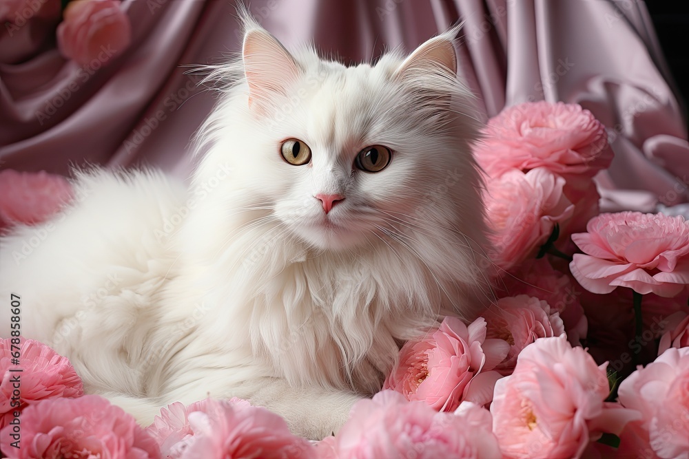 Elegant White Cat Amidst a Bed of Pink Rose Blossoms