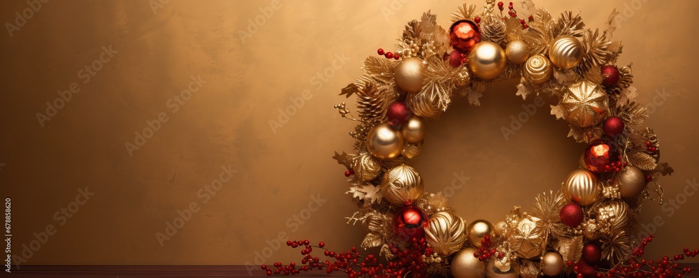 Christmas wreath with golden decorations on a golden background. Christmas holidays. Generative AI. Christmas wreath with golden decorations on a golden background. Christmas holidays. Generative AI.