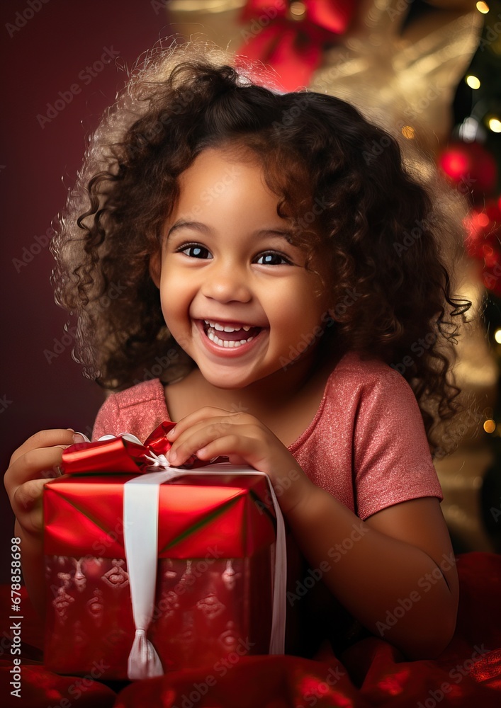 Little smiling girl with a Christmas present in her hands. Christmas tree in the background. Generative AI. Little smiling girl with a Christmas present in her hands. Christmas tree in the background. Generative AI.