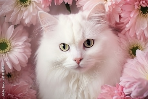 Elegant White Cat Amidst a Bed of Pink Blossoms © AI Exclusive 
