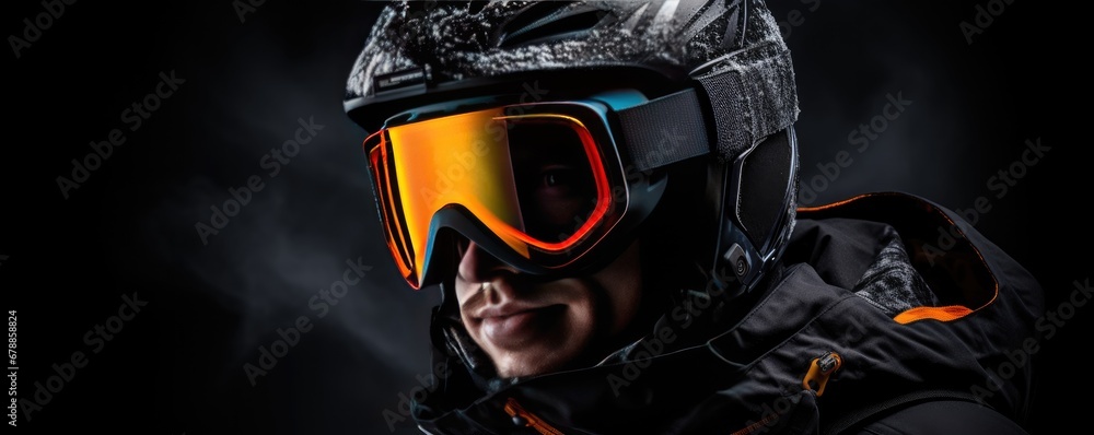 Young man with helmet and ski goggles. Ski equipment. Generative AI. Young man with helmet and ski goggles. Ski equipment. Generative AI.