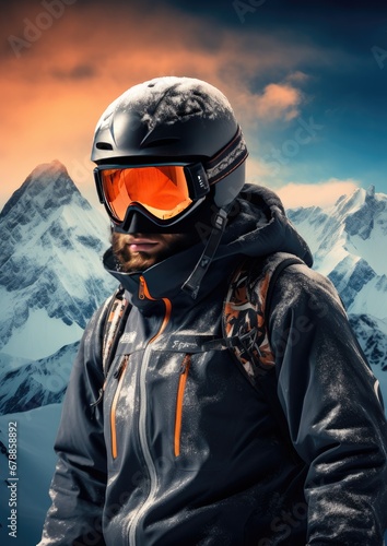 A young man with a helmet and ski goggles, snowy mountains in the background. Generative AI. © Simona