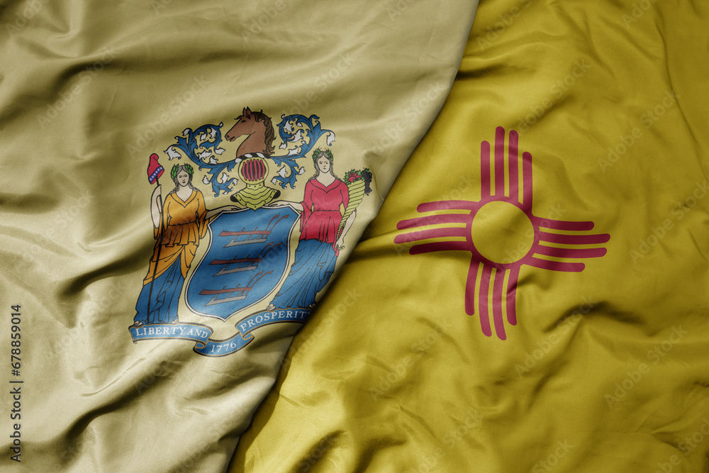 big waving colorful national flag of new mexico state and flag of new jersey state . big waving colorful national flag of new mexico state and flag of new jersey state .
