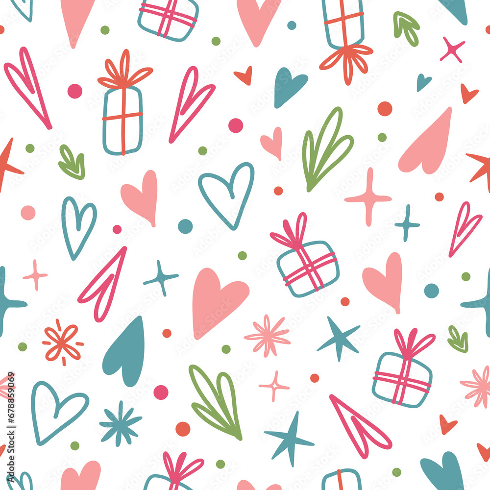 Valentines seamless pattern with love symbols in Doodle style Valentines seamless pattern with love symbols in Doodle style