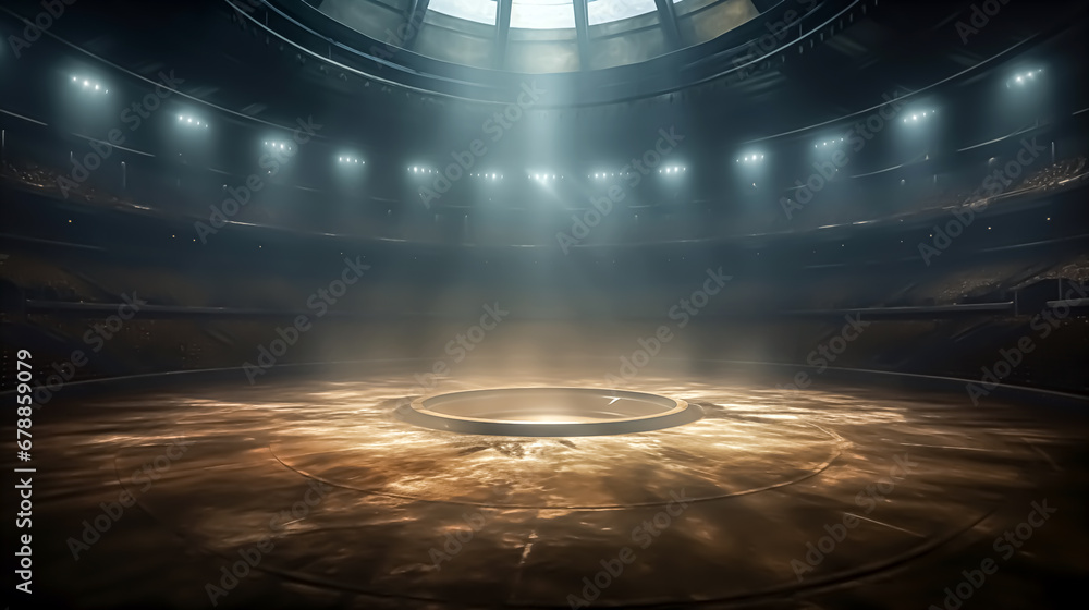 Empty stadium or stage with spotlights and smoke, 3d rendering toned image. Arena, lighting effect in the dark. Computer digital drawing. - obrazy, fototapety, plakaty 