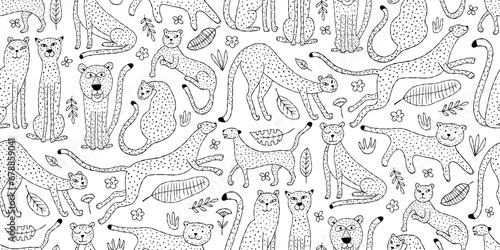 Cute yellow leopards family, seamless pattern background