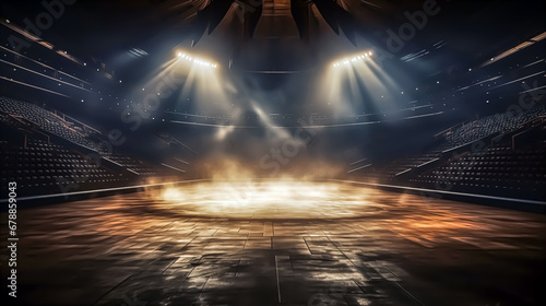 Empty stadium or stage with spotlights and smoke, 3d rendering toned image. Arena, lighting effect in the dark. Computer digital drawing.