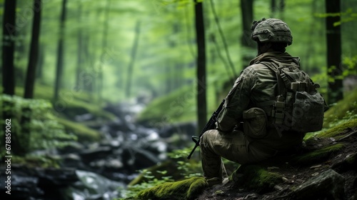 Emotional Exhaustion, Overwhelmed Soldier Resting in a Forest Amidst the Scars of War, Generative AI photo