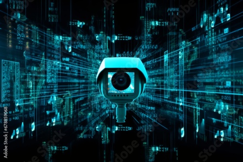 hadows of an electronic network, a solitary security camera stands sentinel, its lens peering into the dark abyss of code—a visual symphony of vigilance in the realm of cybersecurity photo