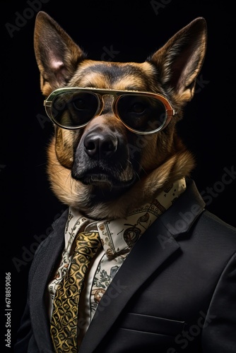 Dog, German Shepherd, dressed in a modern suit with jacket. Fashion portrait of an anthropomorphic animal, wolf, posing with a charismatic human attitude