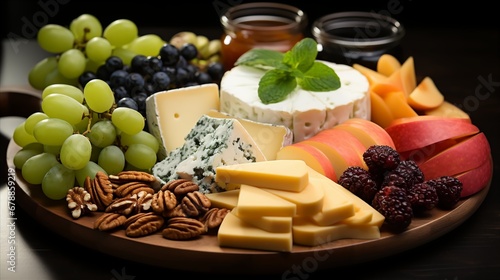 A top-down view of a plate of assorted cheese and fruit pairings,