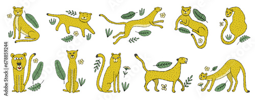 Cute yellow leopard, icons collection. Nice animal character for various prin...