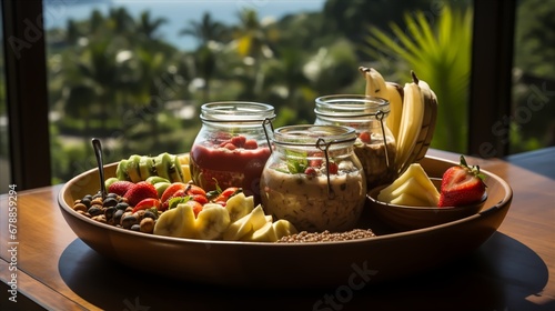 Acai bowls and protein shakes on a wellness retreat setting, photo
