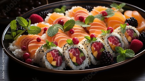 An overhead shot of a plate of colorful fruit sushi rolls,