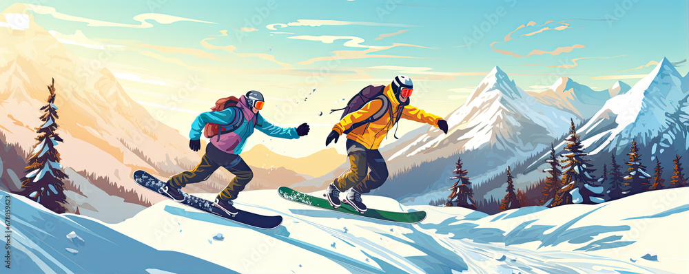 Happy two young people on the snowboard in the mountain. generative ai