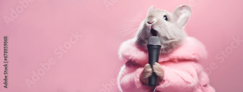 Portrait of an anthropomorphic mice in a pink fur coat, hold mic sing song wear. Banner. photo