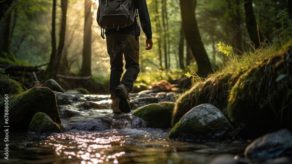 Adventure and exploration, back to nature and offline lifestyle concepts. A hiker feet walking in water, stream, in a forest. Escaping from the hustle of the big city Adventure and exploration, back to nature and offline lifestyle concepts. A hiker feet walking in water, stream, in a forest. Escaping from the hustle of the big city