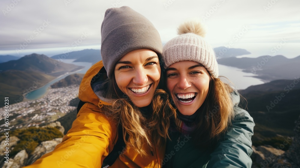 Two happy hikers taking selfie photograph on the top of the hill or mountain with beautiful landscape and sky in the background. Two happy hikers taking selfie photograph on the top of the hill or mountain with beautiful landscape and sky in the background.