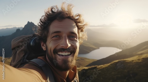 Young happy hiker taking selfie photograph on the top of the hill or mountain with beautiful landscape and sky in the background.