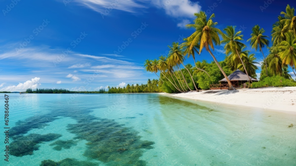 tropical landscape background concept. turquoise beach with palm tree - obrazy, fototapety, plakaty 