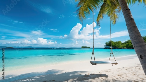 Tilted palm tree with swing. Background sunny summer tropical beach. Perfect landscape background for relaxing vacation.