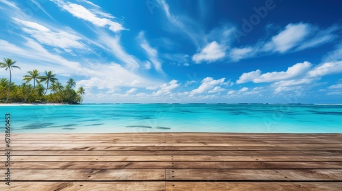 wooden pier to an island in ocean against blue sky