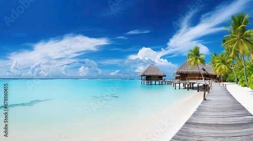 wooden pier to an island in ocean against blue sky