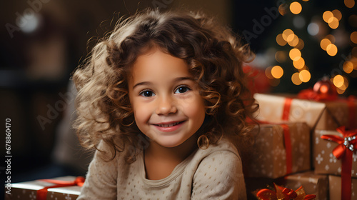 Portrait of a smiling little girl with curly hair near the Christmas tree with christmas gifts. Merry Christmas and Happy New Year!