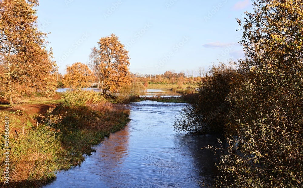 The Kleine Nete river in Herentals is at a high level after heavy rainfall. De Hellekens, nature reserve, Herentals, Belgium.
