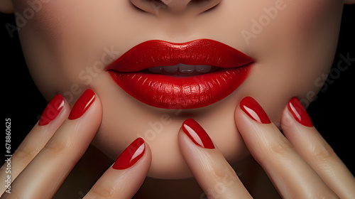 Beautiful red lips with red manicure. Closeup of beautiful female lips with red manicure and nail polish  studio fashion shot.