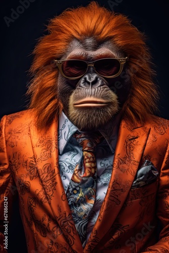 Orangutan dressed in an elegant modern orange suit with a nice tie. Fashion portrait of an anthropomorphic animal, monkey, posing with a charismatic human attitude