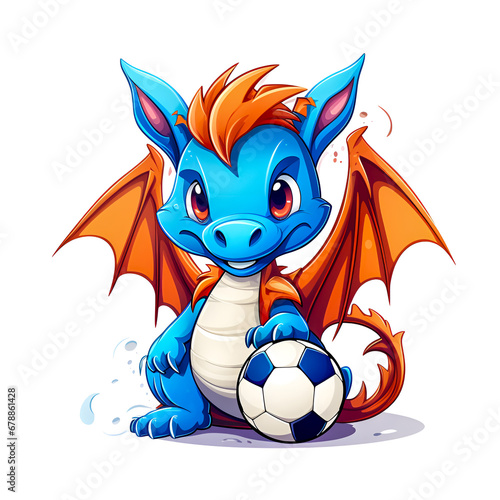 Cute little dragon with soccer ball on white background. Cartoon style. Copy space.