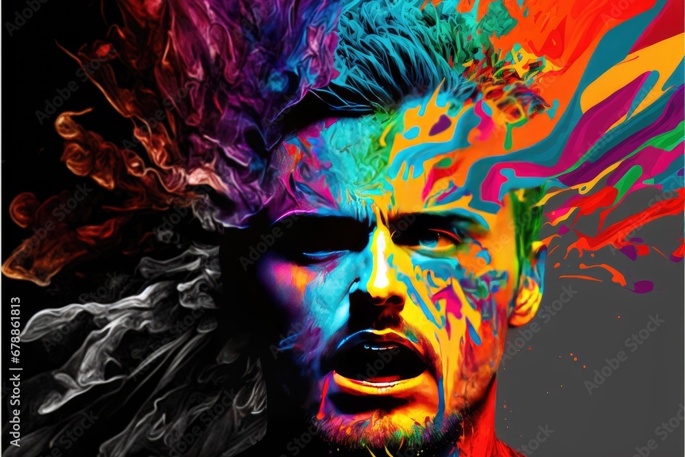 Portrait of a man with colorful smoke on his face. Colorful background