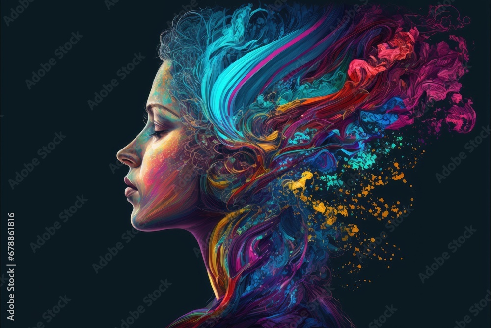 Beautiful woman face with colorful hair on dark background. Art design