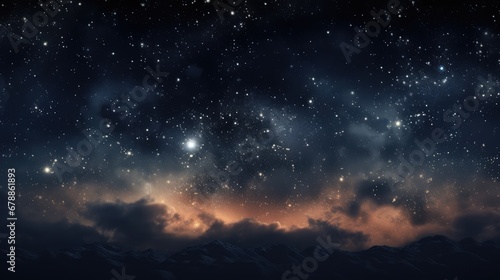 Stars in the sky, in the style of digital painting, tender depiction of nature, dark sky-blue and black, soft, romantic scenes, romanticized landscapes, serene atmospheric perspective, fine detailed photo