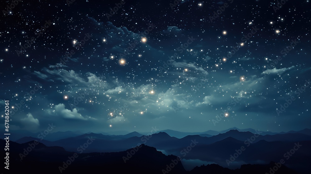 Stars in the sky, in the style of digital painting, tender depiction of nature, dark sky-blue and black, soft, romantic scenes, romanticized landscapes, serene atmospheric perspective, fine detailed Stars in the sky, in the style of digital painting, tender depiction of nature, dark sky-blue and black, soft, romantic scenes, romanticized landscapes, serene atmospheric perspective, fine detailed