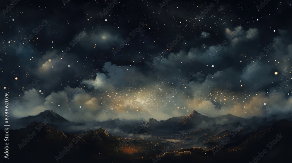 Naklejka premium Stars in the sky, in the style of digital painting, tender depiction of nature, dark sky-blue and black, soft, romantic scenes, romanticized landscapes, serene atmospheric perspective, fine detailed
