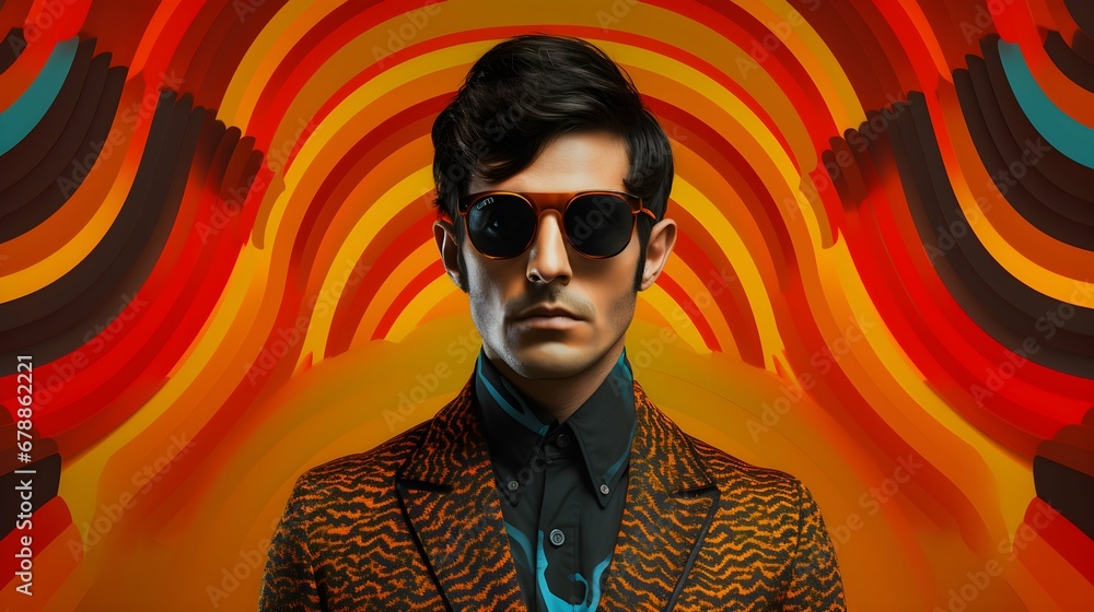 Gentleman wearing black  glasses on luxury colorful background , Beautiful fictional male  model in colorful stylish fashion clothes and sunglasses