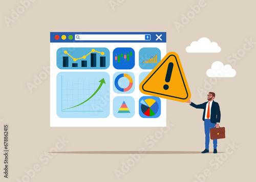 Giving Incident with exclamation attention sign.  The Worst Application working with Data analytics. business graph dashboard, diagram for optimization. Flat vector illustration