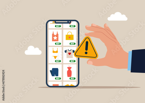 Fototapeta Naklejka Na Ścianę i Meble -  The worst interface online store with errors  and giving incident with exclamation attention sign. Flat vector illustration